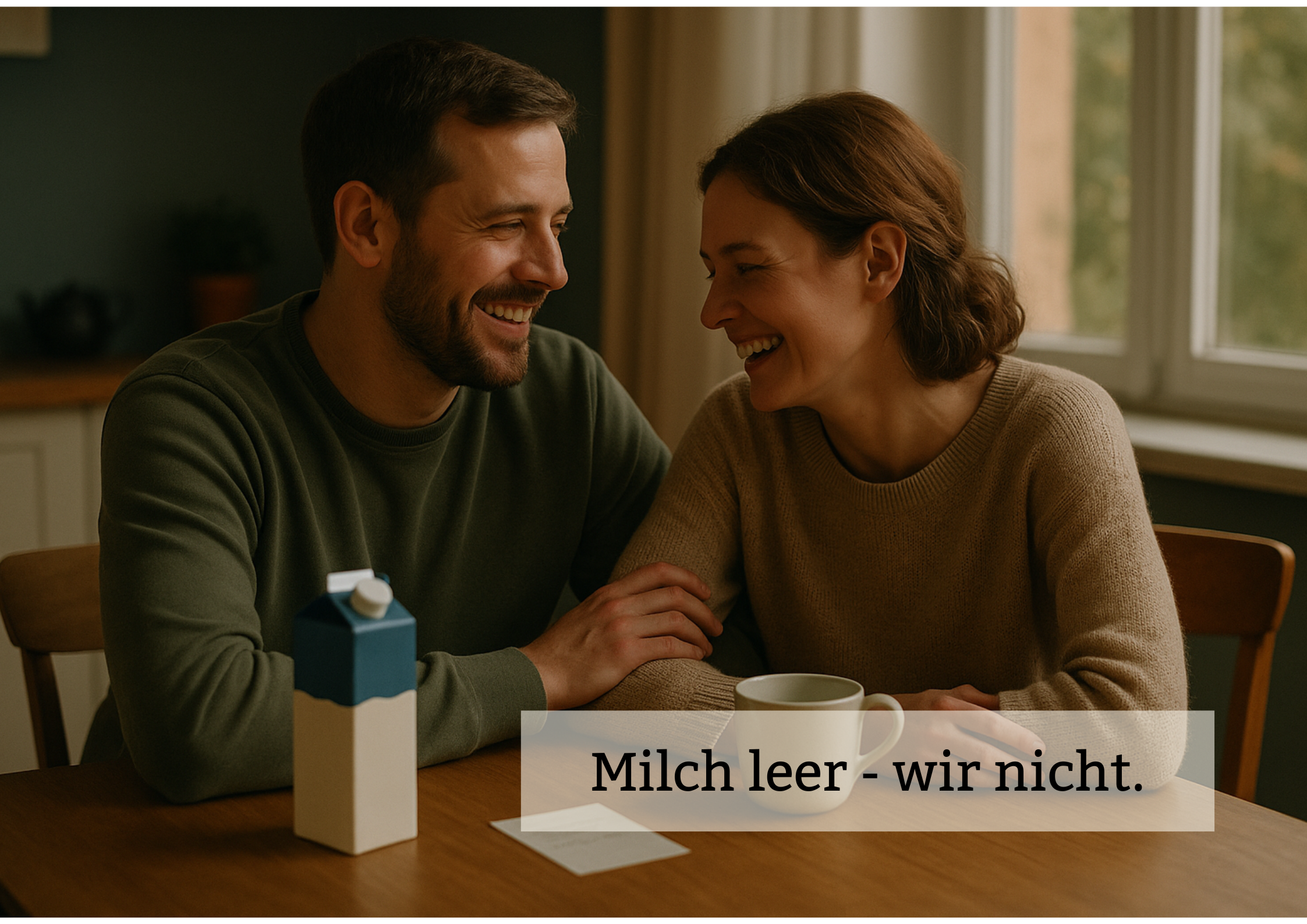 Ein lachendes Paar sitzt am Frühstückstisch, eine leere Milchpackung steht davor – Symbol für Humor, Liebe und Zusammenhalt.