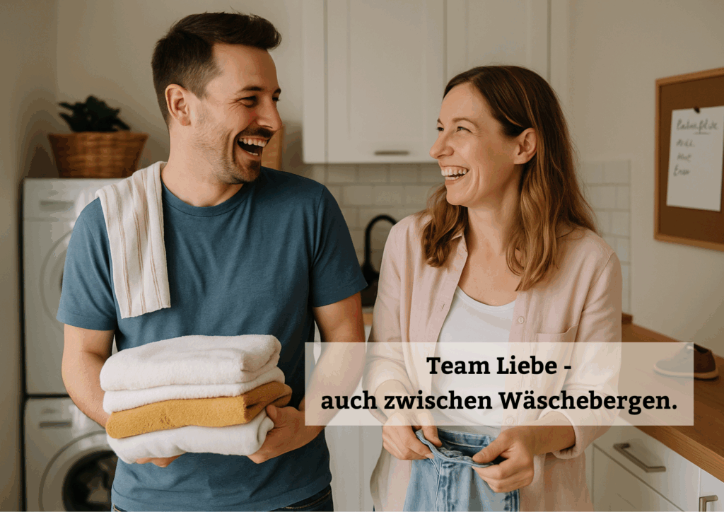 Paar lacht gemeinsam beim Wäschefalten in der Küche – Teamarbeit im Alltag und Haushalt